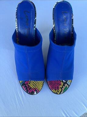 LEMON DROP royal blue hooded mule heels SZ:8